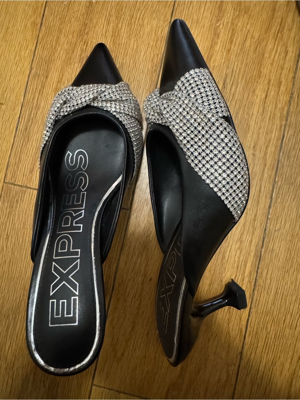 Express Black Pointed Toe Mule Heels with Crystal Rhinestone Accents